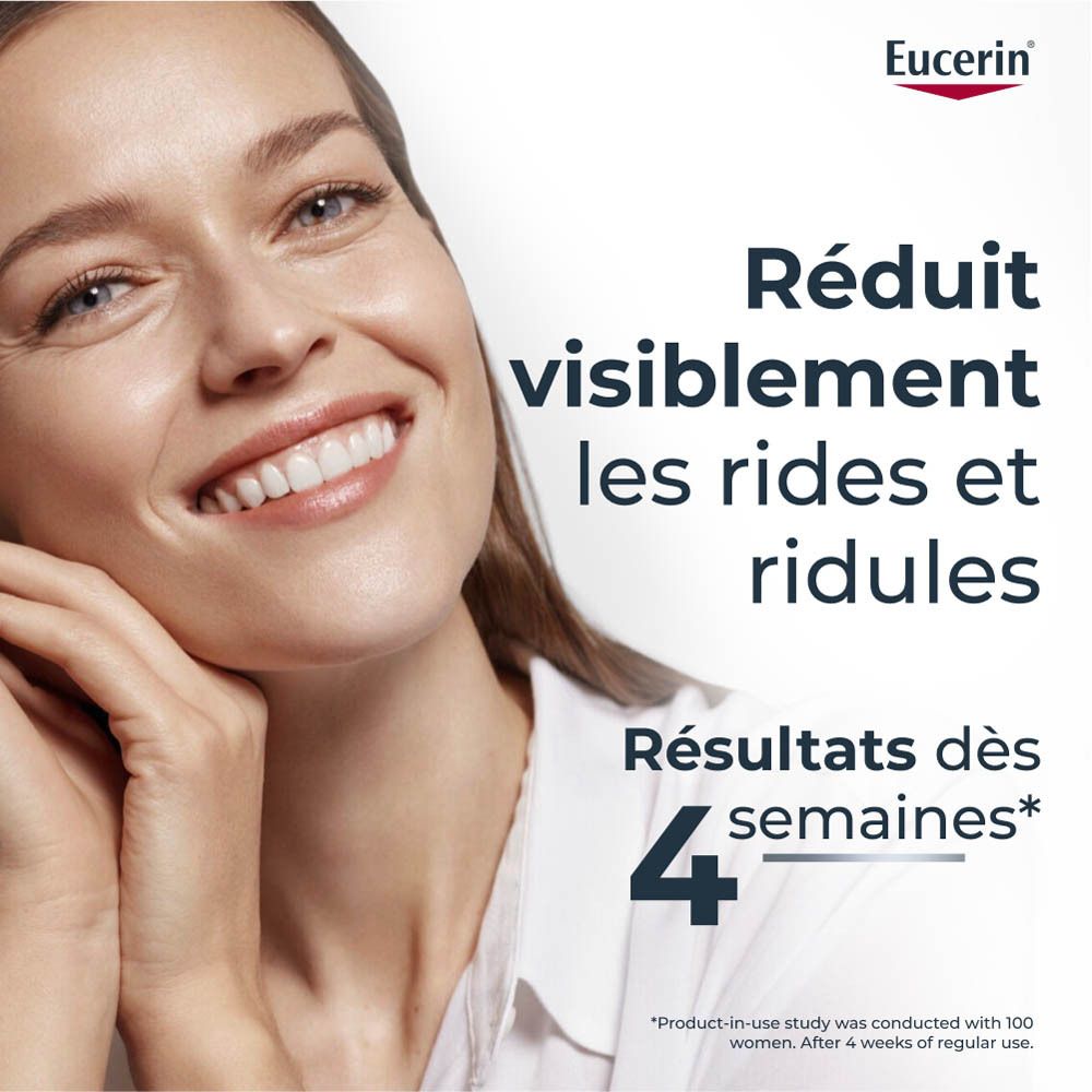 Femme souriante. Texte: Réduit visiblement les rides. Résultats dès 4 semaines. Logo Eucerin.
