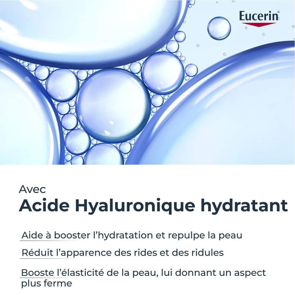 Fond de bulles. Texte: Avec acide hyaluronique hydratant. Aide à l'hydratation. Réduit les rides. Peau plus ferme.