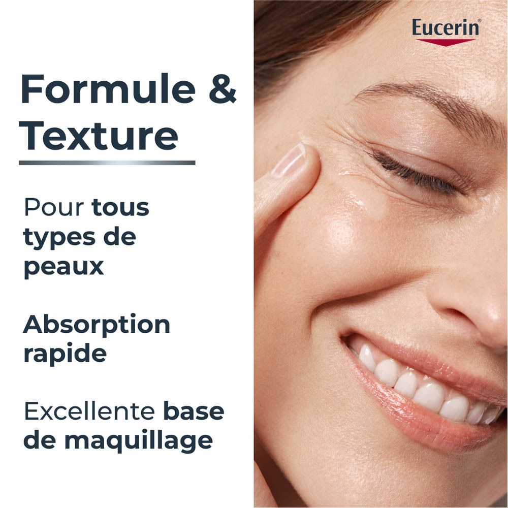 Femme touchant son visage. Texte: Formule & Texture. Pour tous types de peaux. Absorption rapide. Base de maquillage.
