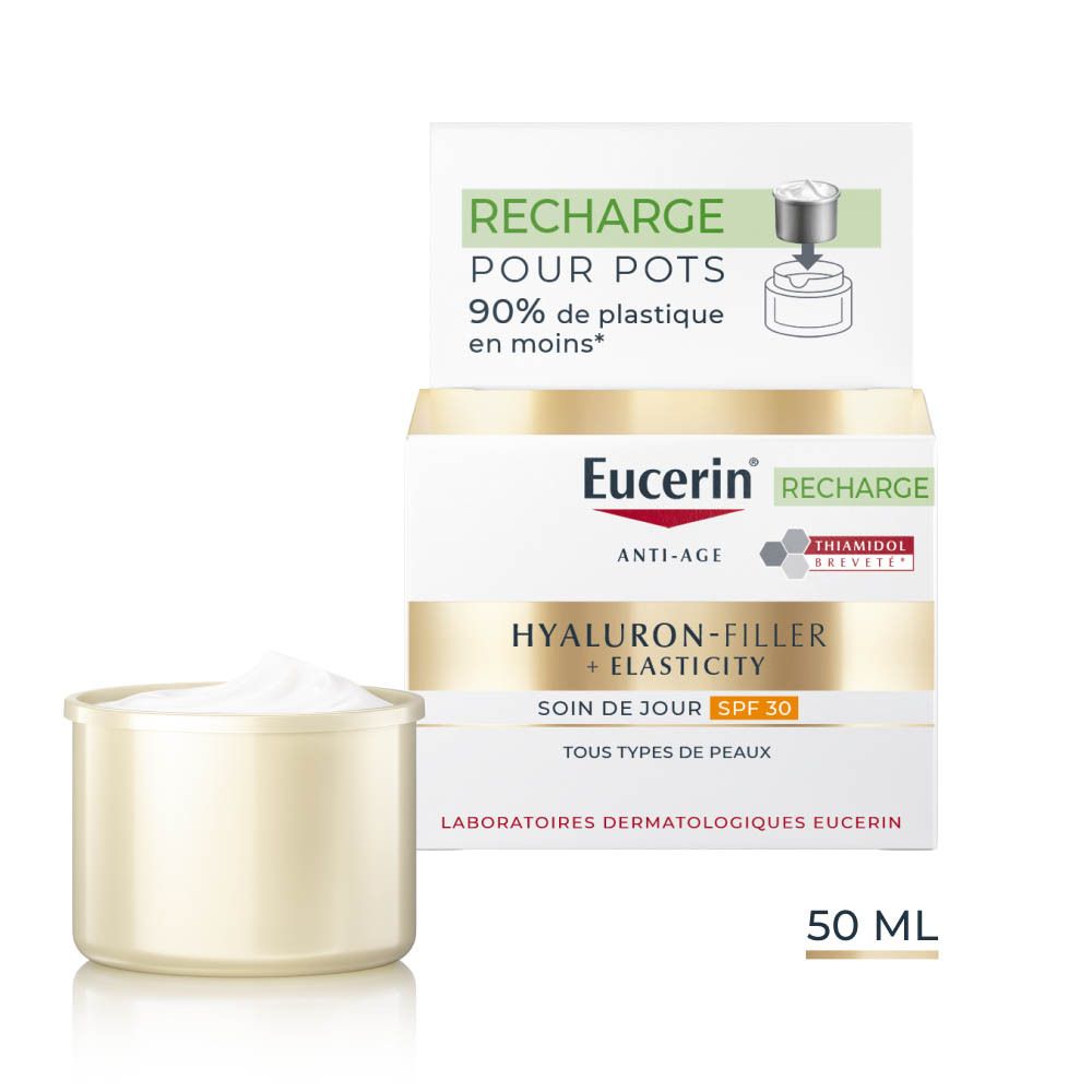 Pot de crème et emballage. Eucerin Hyaluron-Filler + Elasticity. Soin de jour SPF30. 50 ml.