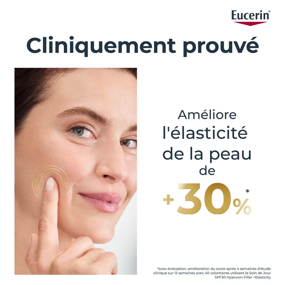 Femme touchant son visage. Texte: Cliniquement prouvé. Améliore l'élasticité de la peau de +30%.