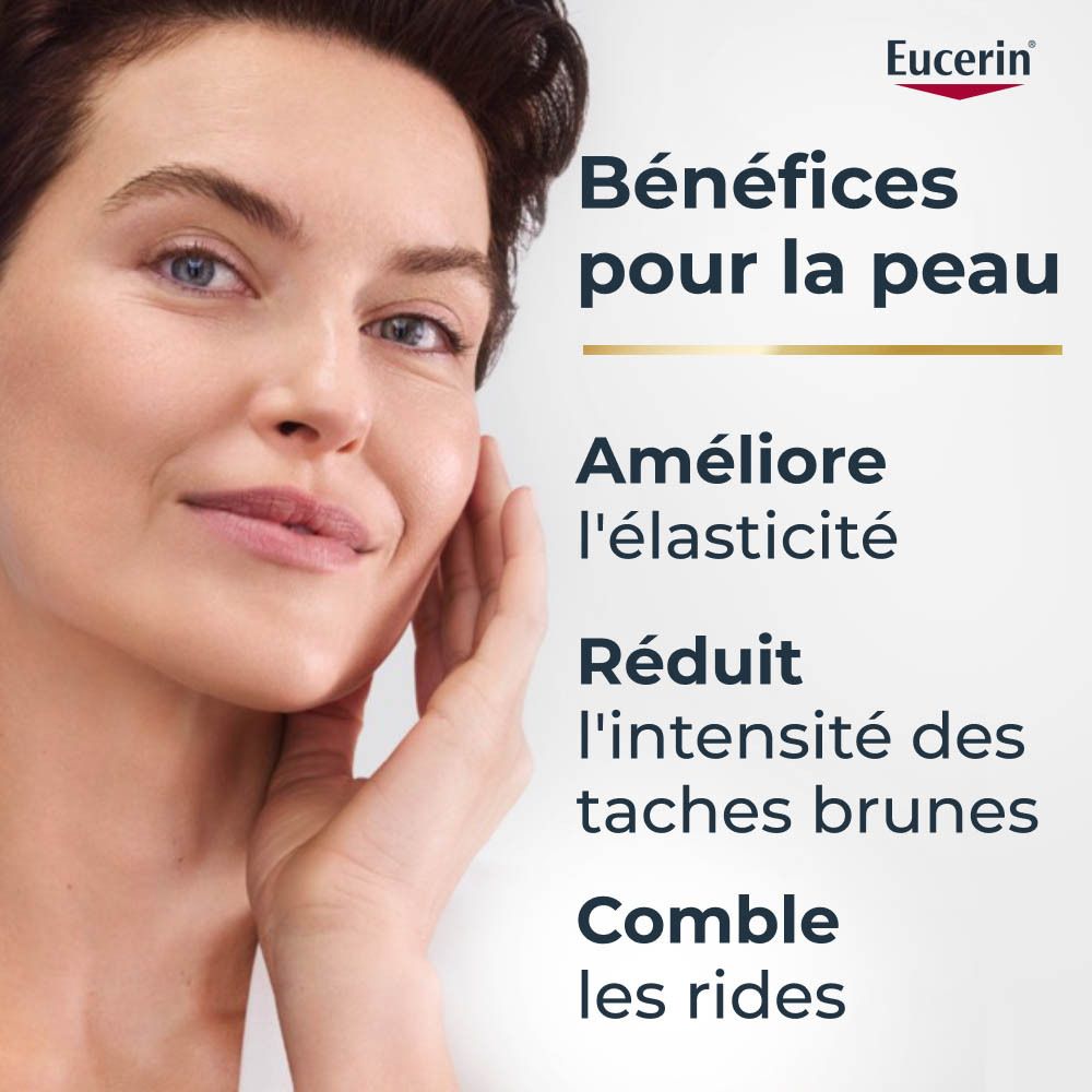 Femme touchant son visage. Texte: Bénéfices pour la peau. Améliore l'élasticité, réduit les taches brunes, comble les rides.