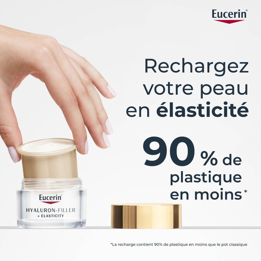 Main insérant une capsule dans un pot. Texte: Rechargez votre peau en élasticité. 90 % de plastique en moins.