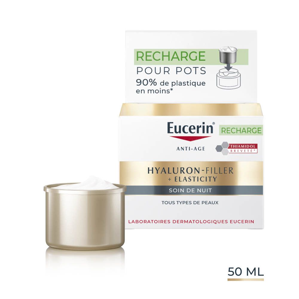 Pot de crème Eucerin et recharge. Texte: RECHARGE, HYALURON-FILLER + ELASTICITY, SOIN DE NUIT. 50 ml.