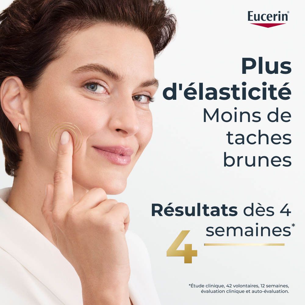 Femme touchant son visage. Texte: Plus d'élasticité, Moins de taches brunes, Résultats dès 4 semaines. Logo Eucerin.