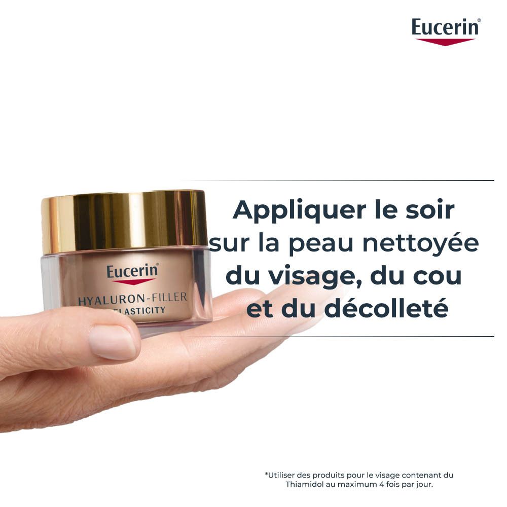 Main tenant un pot de crème. Texte: Appliquer le soir sur la peau nettoyée du visage, du cou et du décolleté. Logo Eucerin.