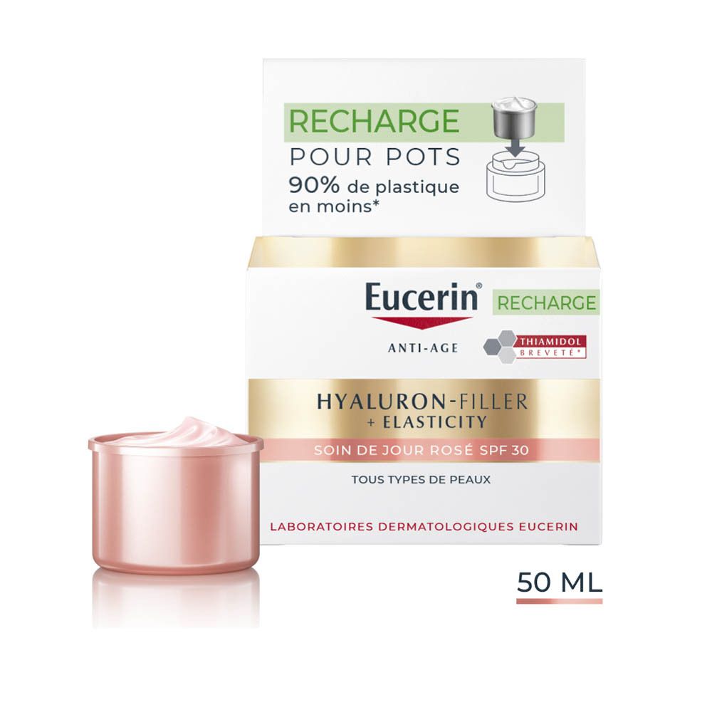 Eucerin Hyaluron-Filler + Elasticity Soin de jour Rosé SPF30. Emballage avec produit et recharge. 50 ml.