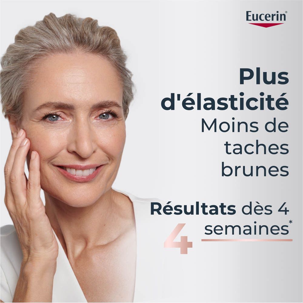 Femme touchant son visage. Texte: Plus d'élasticité, moins de taches brunes. Résultats dès 4 semaines.