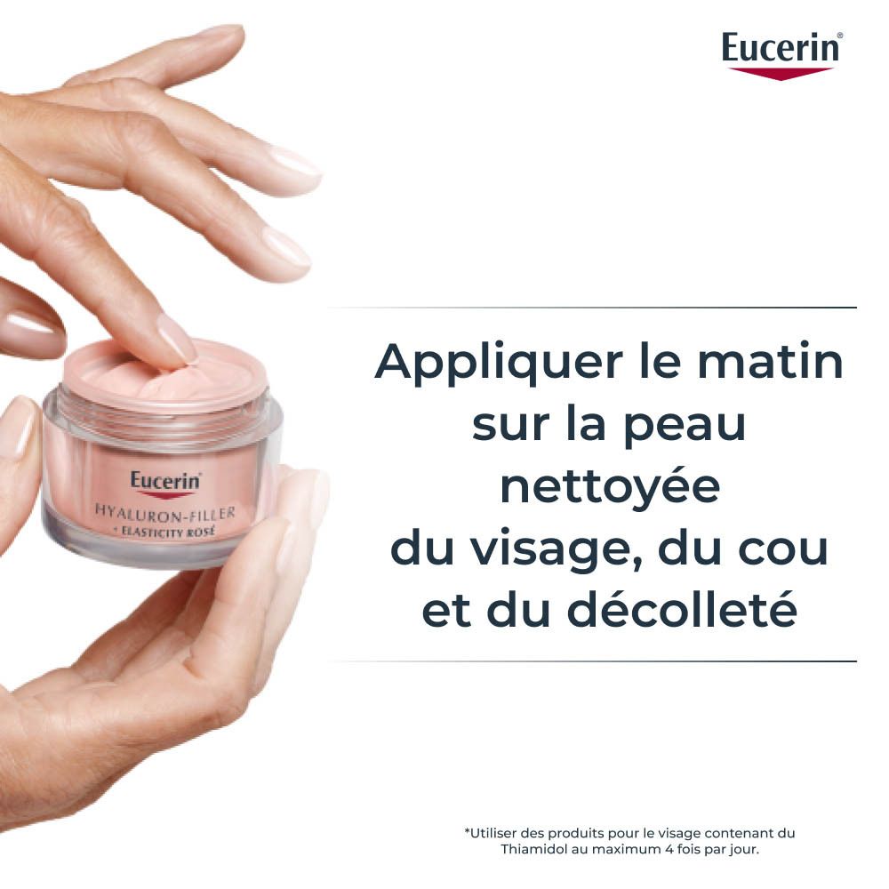 Main touchant le produit. Texte: Appliquer le matin sur la peau nettoyée du visage, du cou et du décolleté.