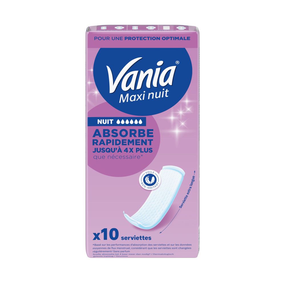 Paquet de serviettes hygiéniques Vania Maxi nuit. Inscription: Nuit, Absorbe rapidement jusqu'à 4x plus. 10 serviettes.
