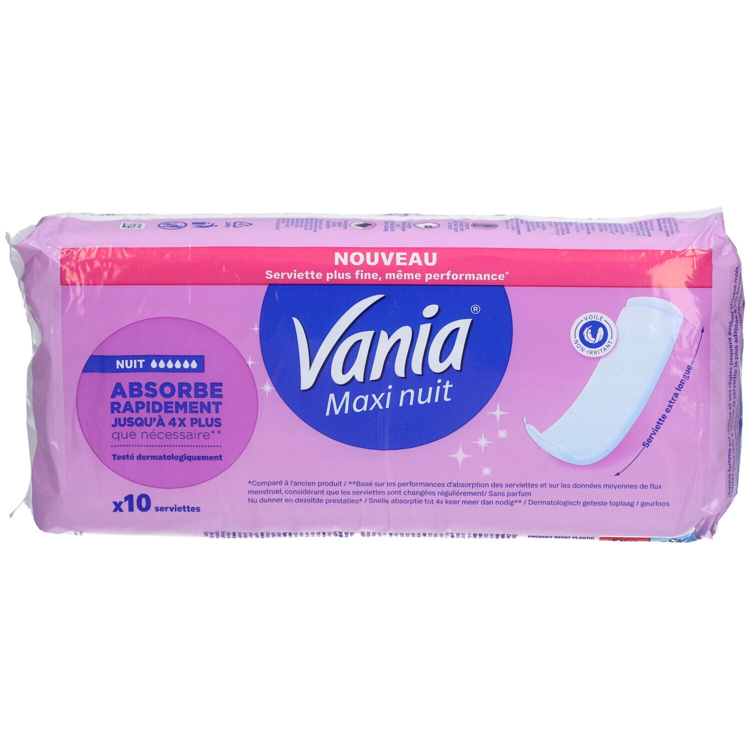 Paquet de serviettes hygiéniques. Design rose et blanc avec nom et logo du produit. 'Maxi nuit' et 'x10 serviettes' sont visibles.