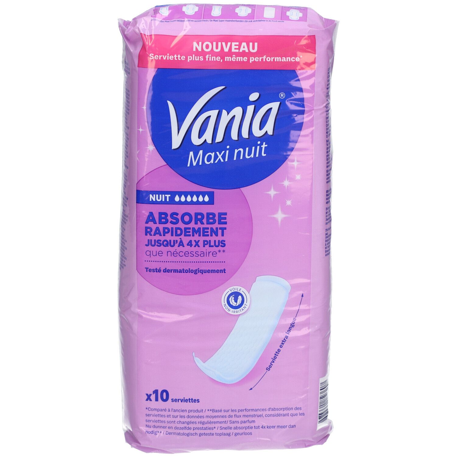 Paquet de serviettes hygiéniques. Design rose et blanc avec nom et logo du produit. 'Maxi nuit' et 'x10 serviettes' sont visibles.
