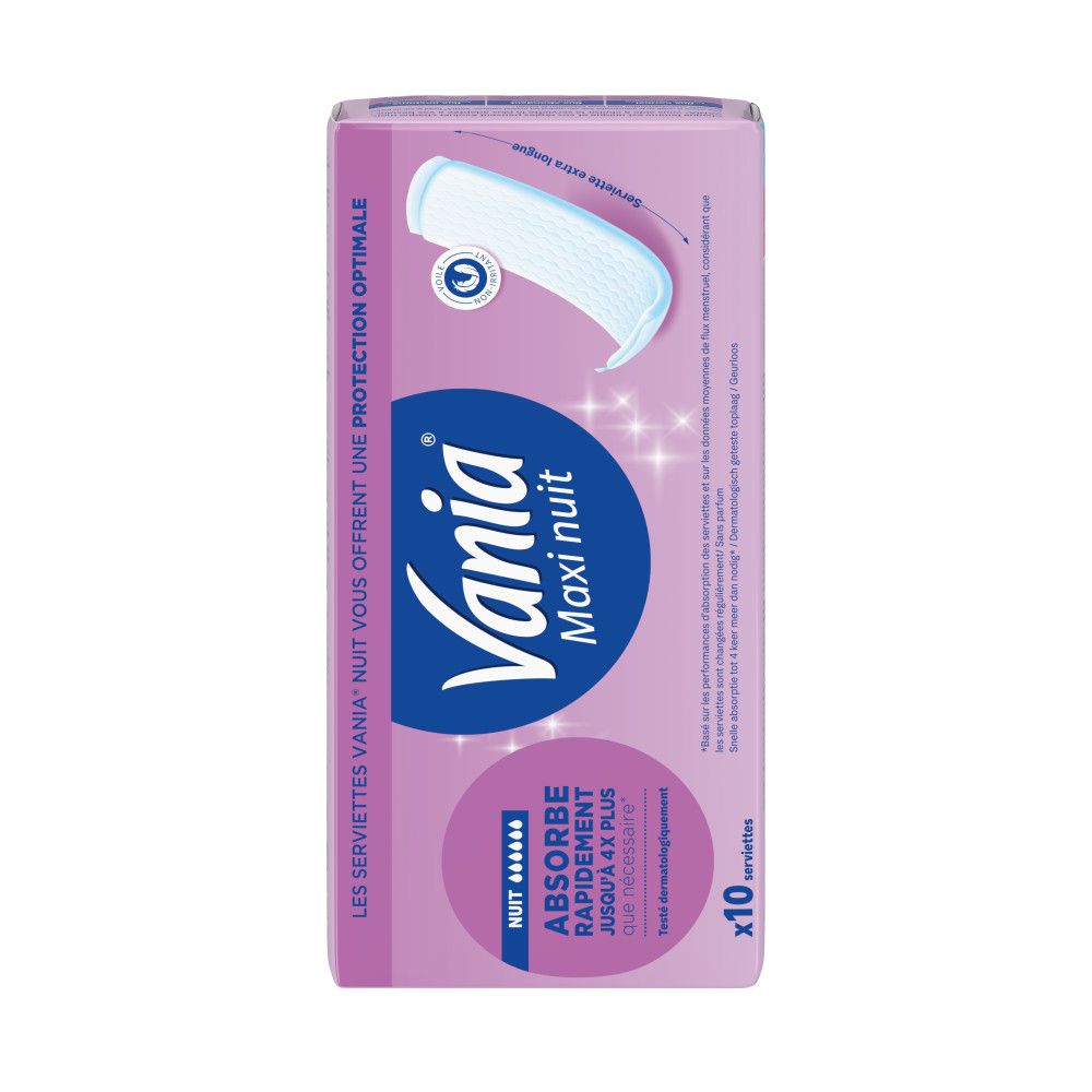 Paquet de serviettes hygiéniques Vania Maxi nuit. Inscription: Nuit, Absorbe rapidement jusqu'à 4x plus. 10 serviettes.