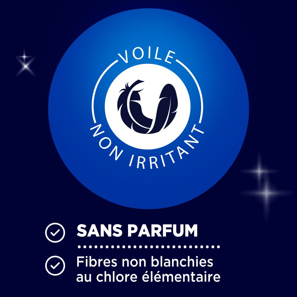 Illustration de plumes. Texte: Sans parfum. Fibres non blanchies au chlore élémentaire.