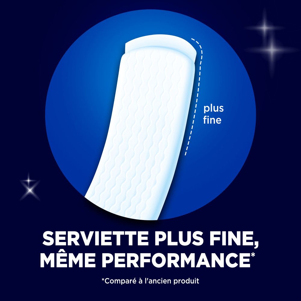 Illustration d'une serviette hygiénique. Texte: Serviette plus fine, même performance.