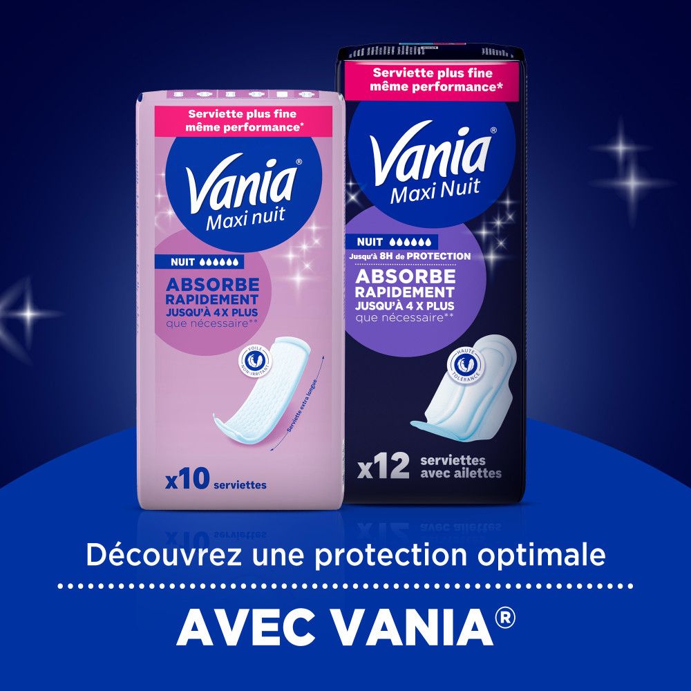 Deux paquets de serviettes hygiéniques. Inscription: Vania Maxi nuit, Nuit, Absorbe rapidement jusqu'à 4x plus.