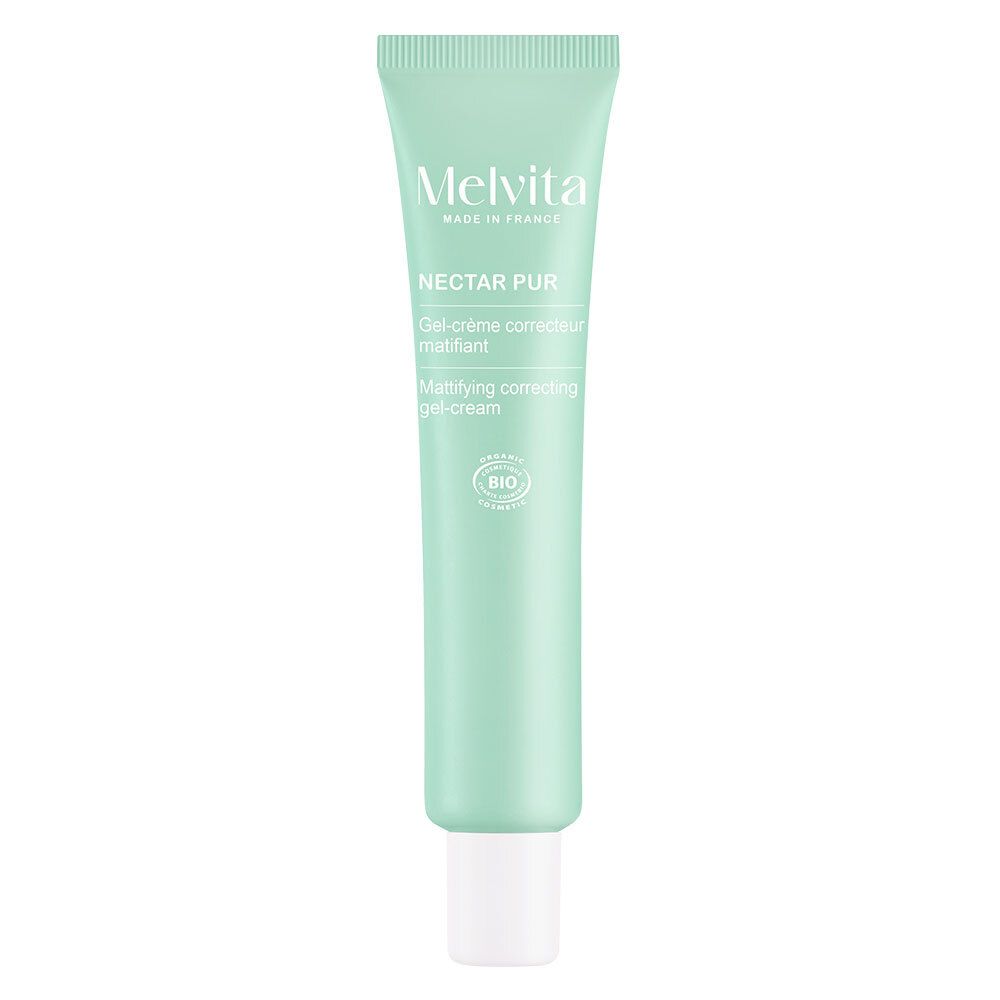Tube vert clair avec bouchon blanc. Inscriptions : MELVITA, NECTAR PUR, Gel-crème correcteur matifiant, certification bio.
