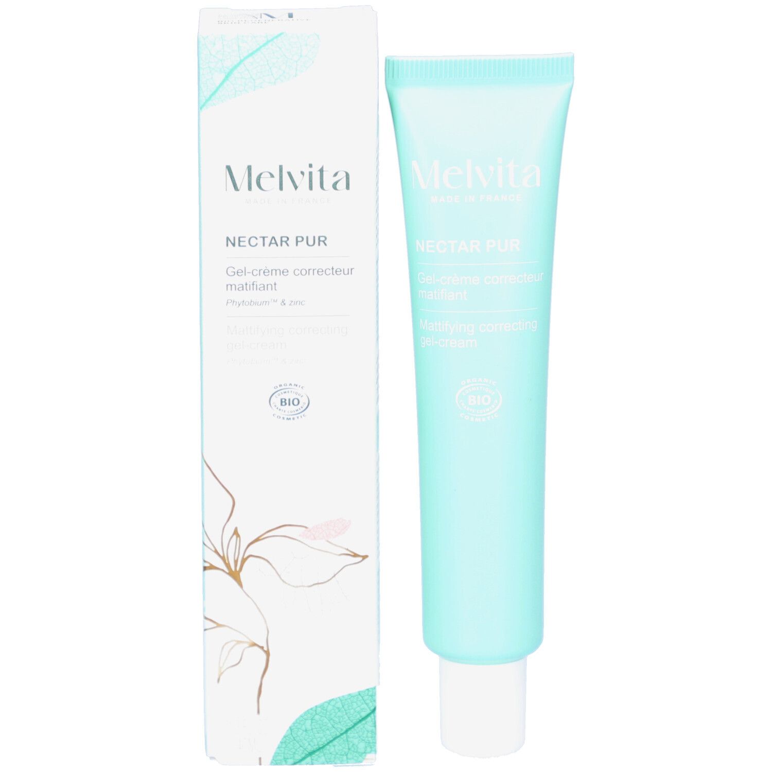 Tube et boîte bleu clair. Inscription : Melvita, Nectar Pur, Gel-Crème correcteur matifiant, certification BIO.