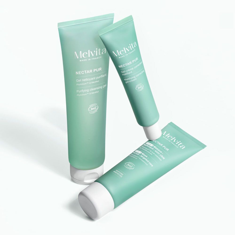 Trois tubes. Inscriptions : MELVITA, NECTAR PUR, Gel-crème correcteur matifiant, certification bio.