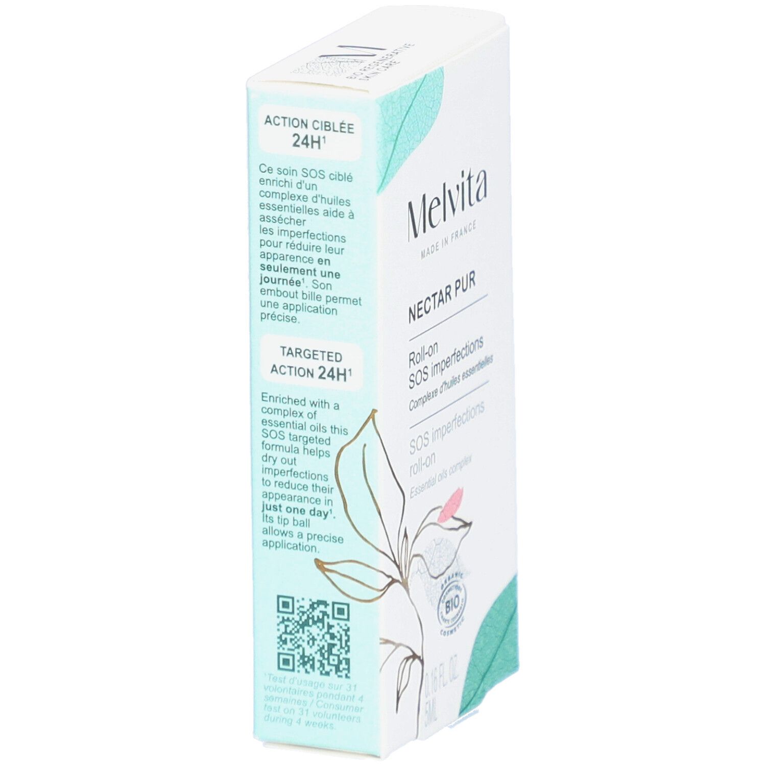 Boîte blanche avec nom du produit et texte. Code QR et texte sur les ingrédients et l'utilisation.