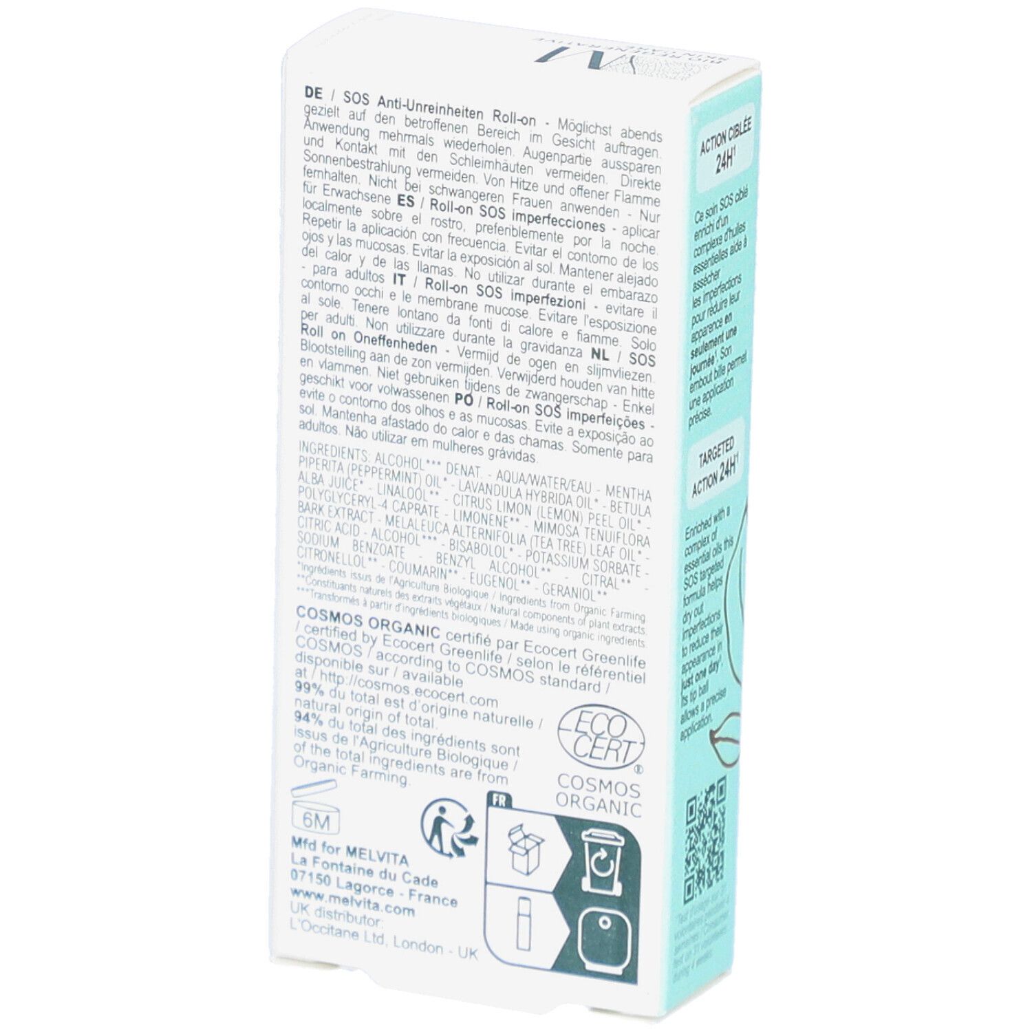 Dos de la boîte avec texte multilingue. Contient des informations sur les ingrédients et l'utilisation.