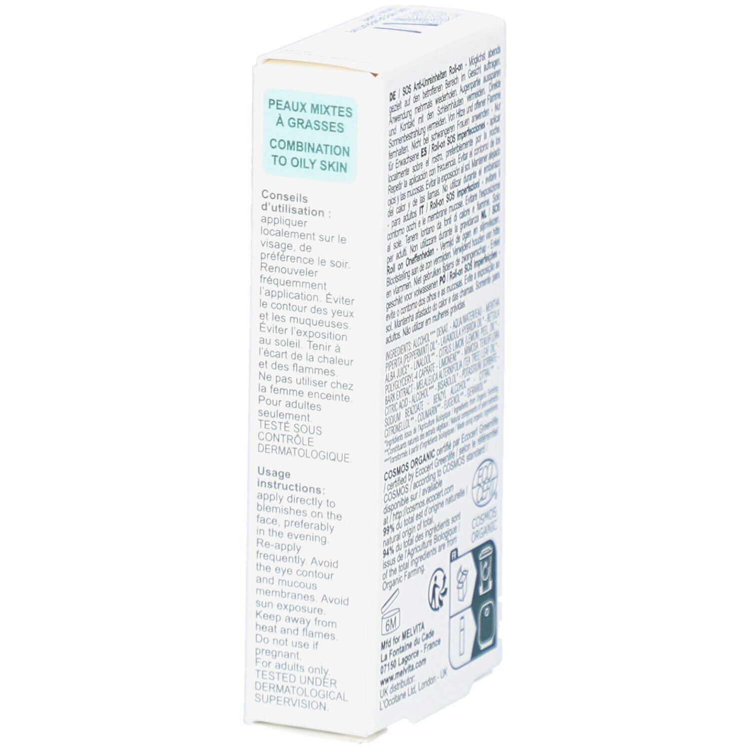 Côté de la boîte avec texte. Contient des conseils d'utilisation et des informations pour peaux mixtes.