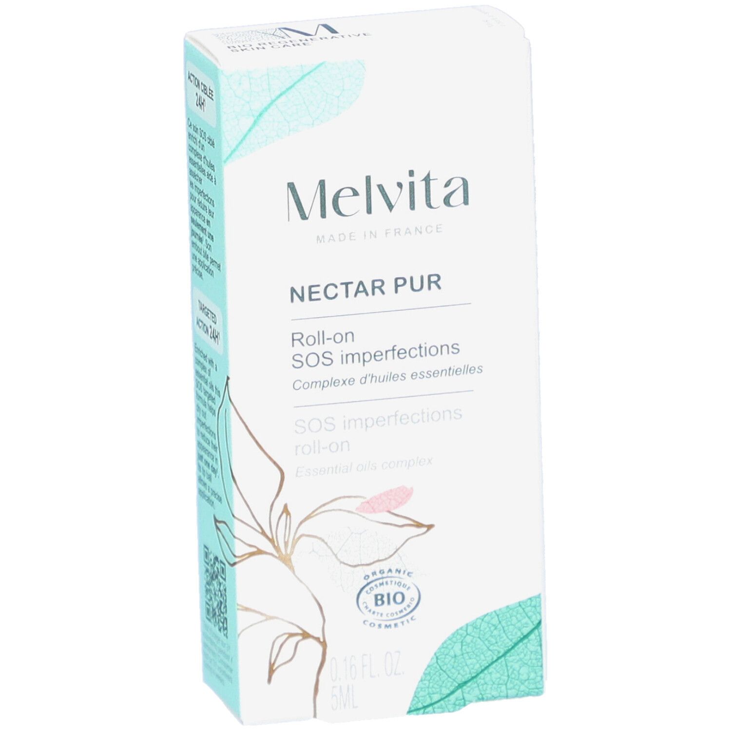 Boîte blanche avec logo et nom du produit. Contient un roll-on pour imperfections. Certification bio.