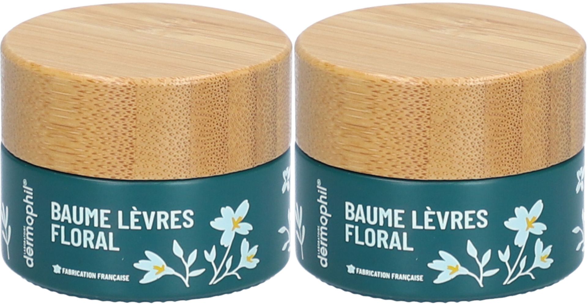 Deux pots de Baume Lèvres Floral, dermophil, avec couvercles en bois. Fabrication française.
