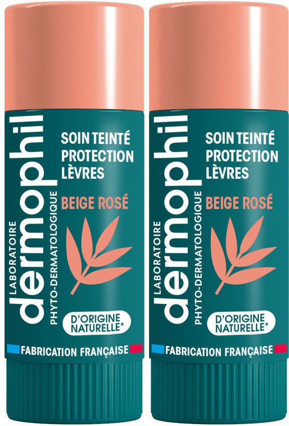 Deux sticks à lèvres Dermophil, rose beige. Inscription: Soin Teinté Protection Lèvres, Beige Rosé, D'Origine Naturelle. Fabrication Française.
