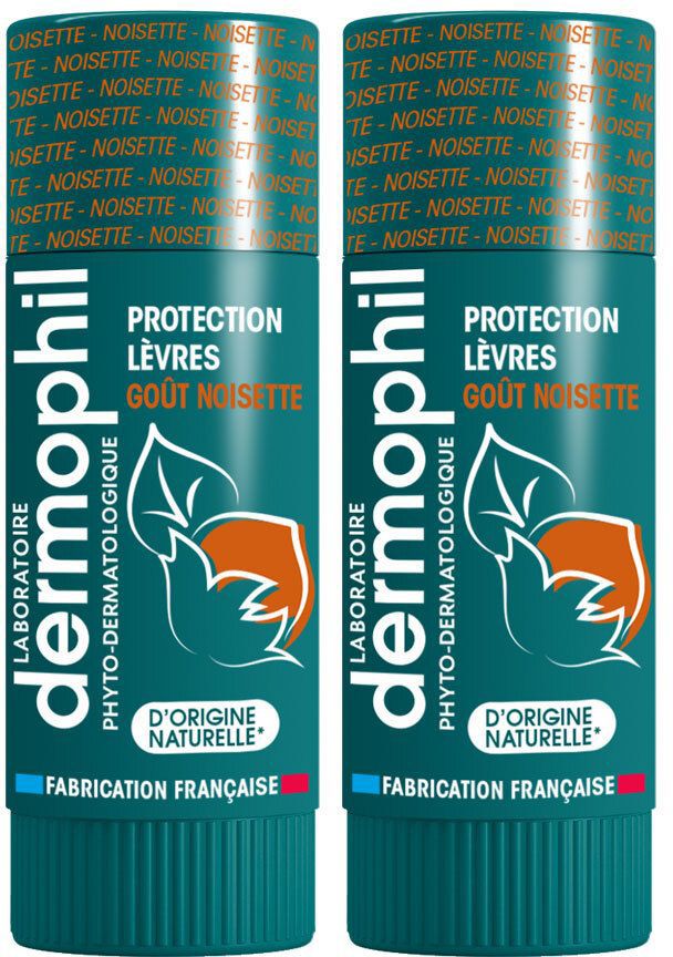 Deux sticks de protection pour les lèvres. Emballage vert et blanc avec nom du produit et goût noisette. Fabrication française.