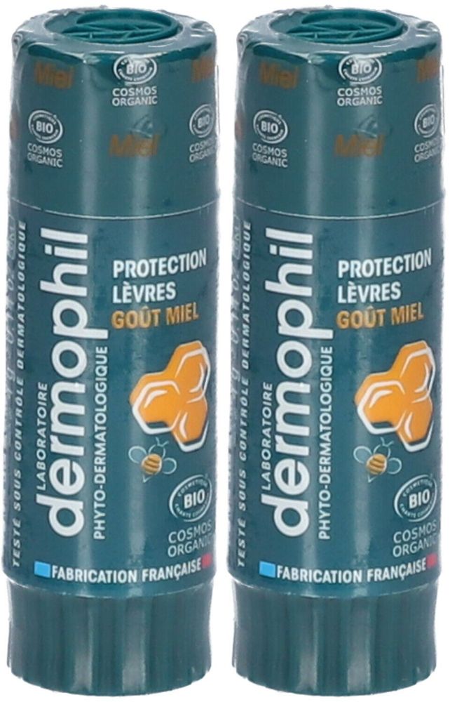 Deux sticks à lèvres Dermophil, Protection Lèvres Goût Miel. Certifié bio. Fabrication française. Contient un logo abeille et rayon de miel.