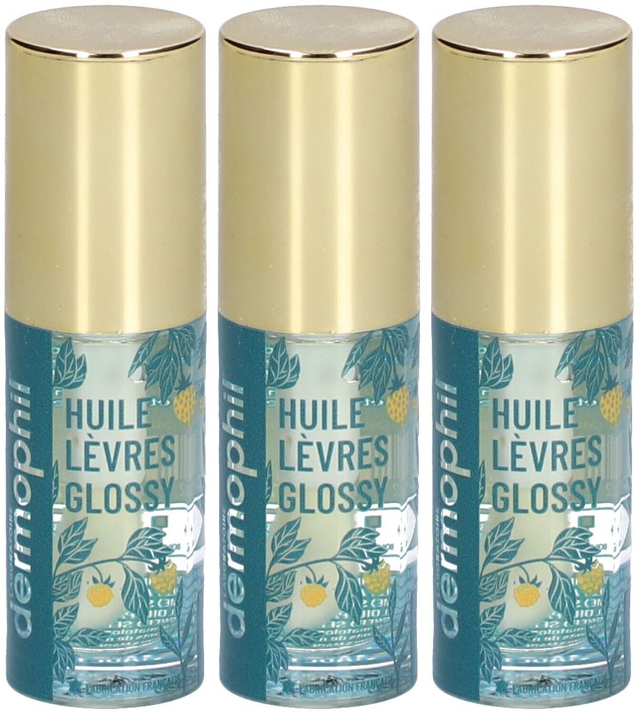 Trois flacons avec bouchons dorés. Inscription: Huile Lèvres Glossy. Marque: dermophil.