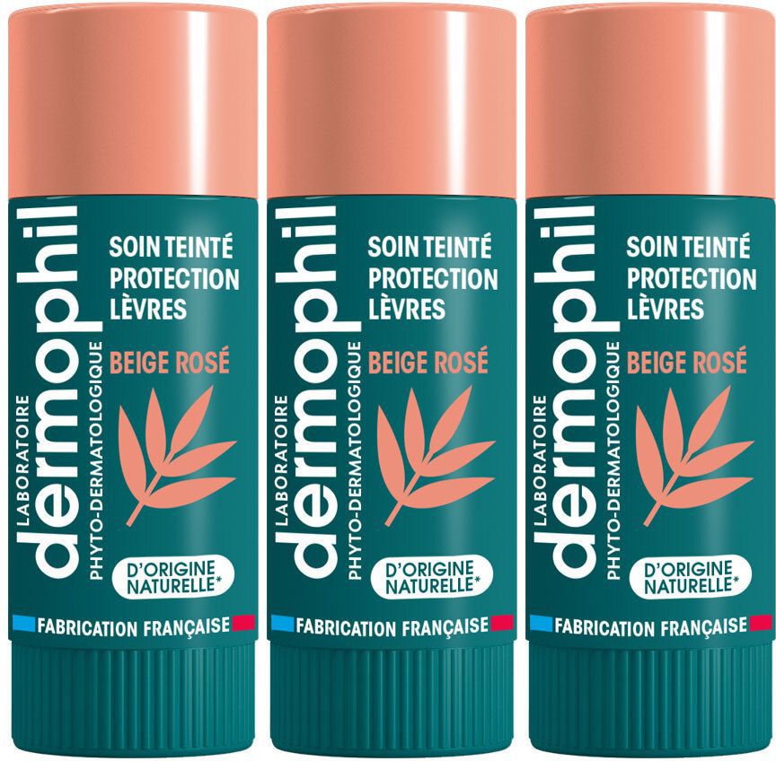 Trois sticks à lèvres avec capuchon rose et étui vert. Inscription: Dermophil, Soin Teinté Protection Lèvres, Beige Rosé.