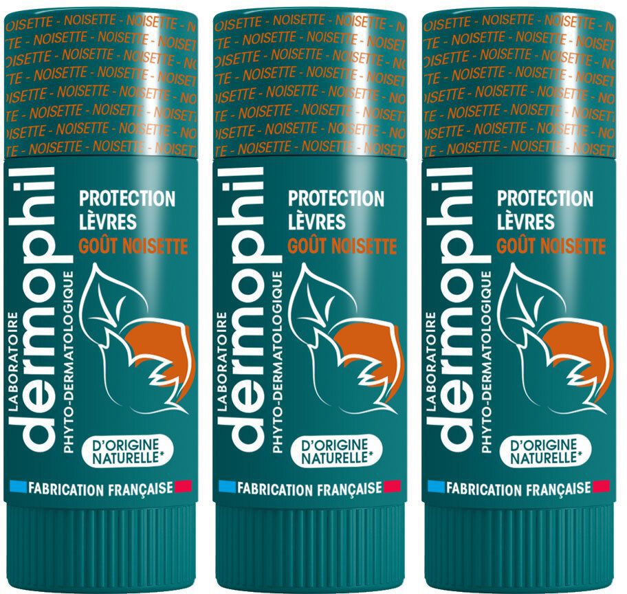 Trois sticks à lèvres. Emballage vert, blanc et doré. Inscription: Dermophil, Protection, Goût Noisette. Fabrication française.