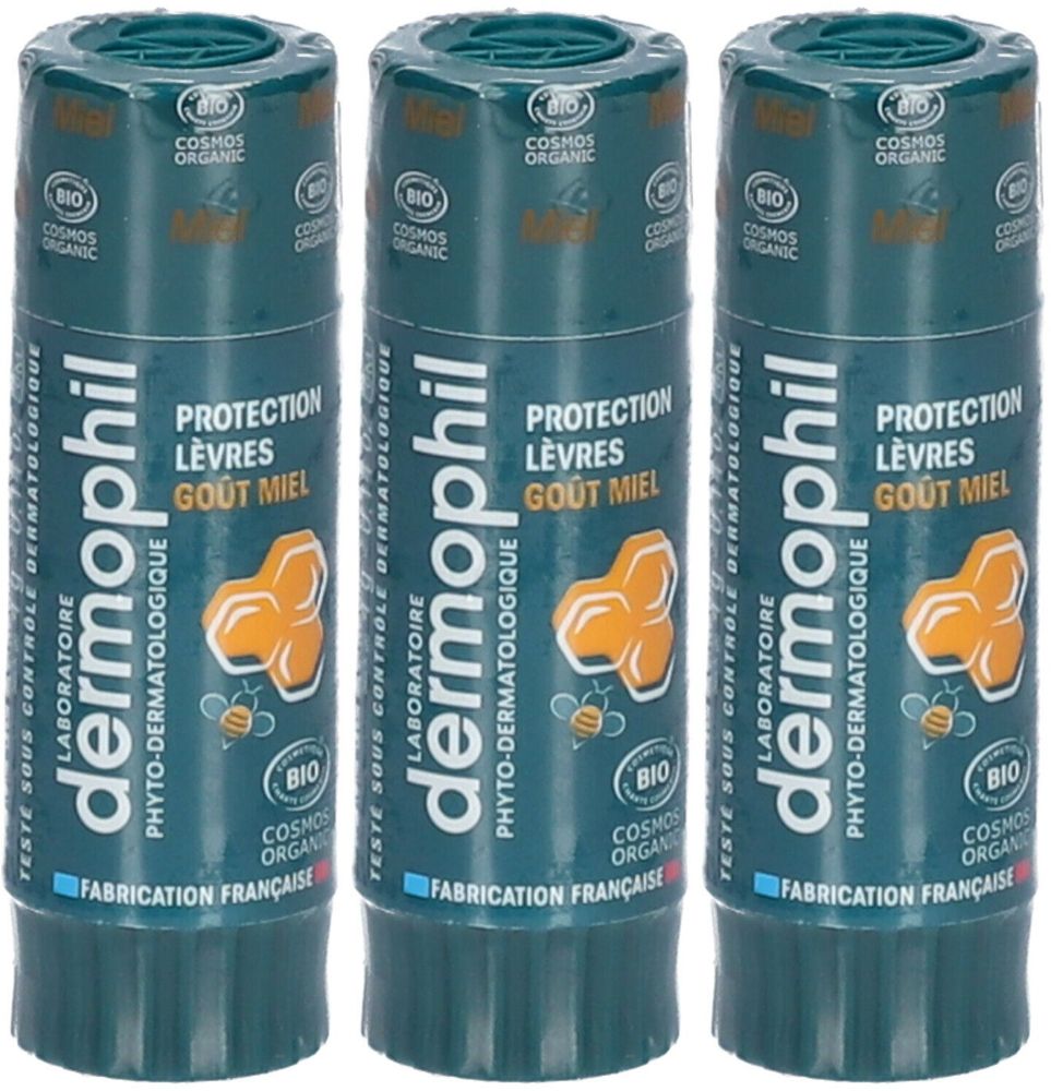 Trois sticks à lèvres Dermophil Bio Miel. Emballage vert et bleu. Logo bio. Fabrication française. Protection lèvres.