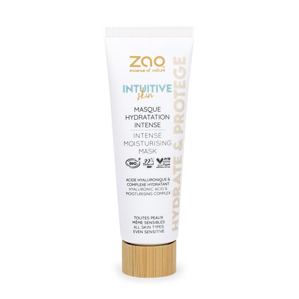 Tube blanc ZAO, INTUITIVE Skin, Masque Hydratation Intense. Bouchon bois. Certifié bio. Texte: Hydrate & Protège.