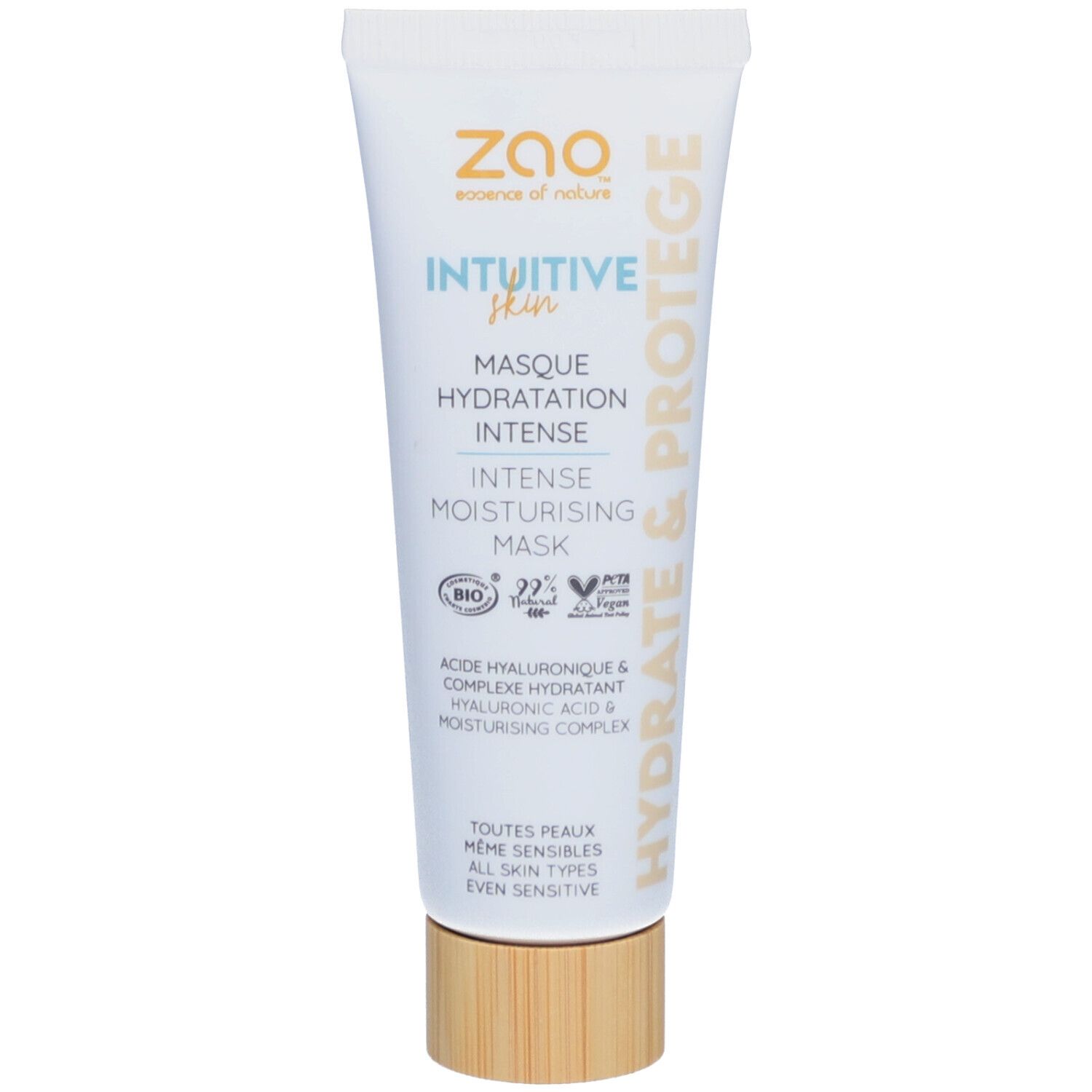 Tube blanc ZAO, INTUITIVE Skin, Masque Hydratation Intense. Bouchon bois. Certifié bio. Vue de face.