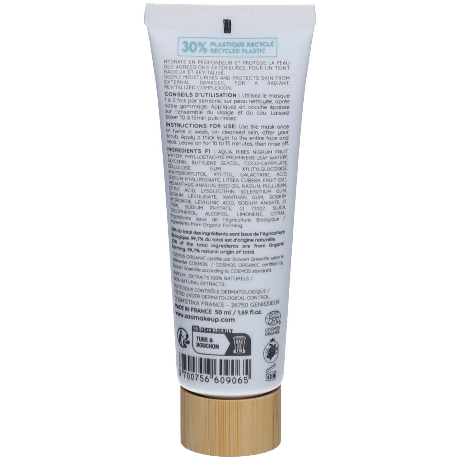 Dos du tube blanc. Ingrédients, mode d'emploi, 30% plastique recyclé. Bouchon bois. Certifié bio.