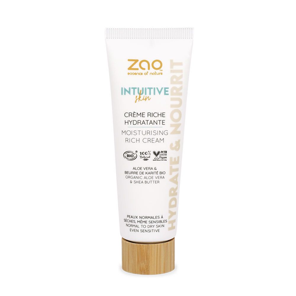 Tube de crème avec logo et nom du produit. Texte: Crème Riche Hydratante, Moisturising Rich Cream. Certification bio.