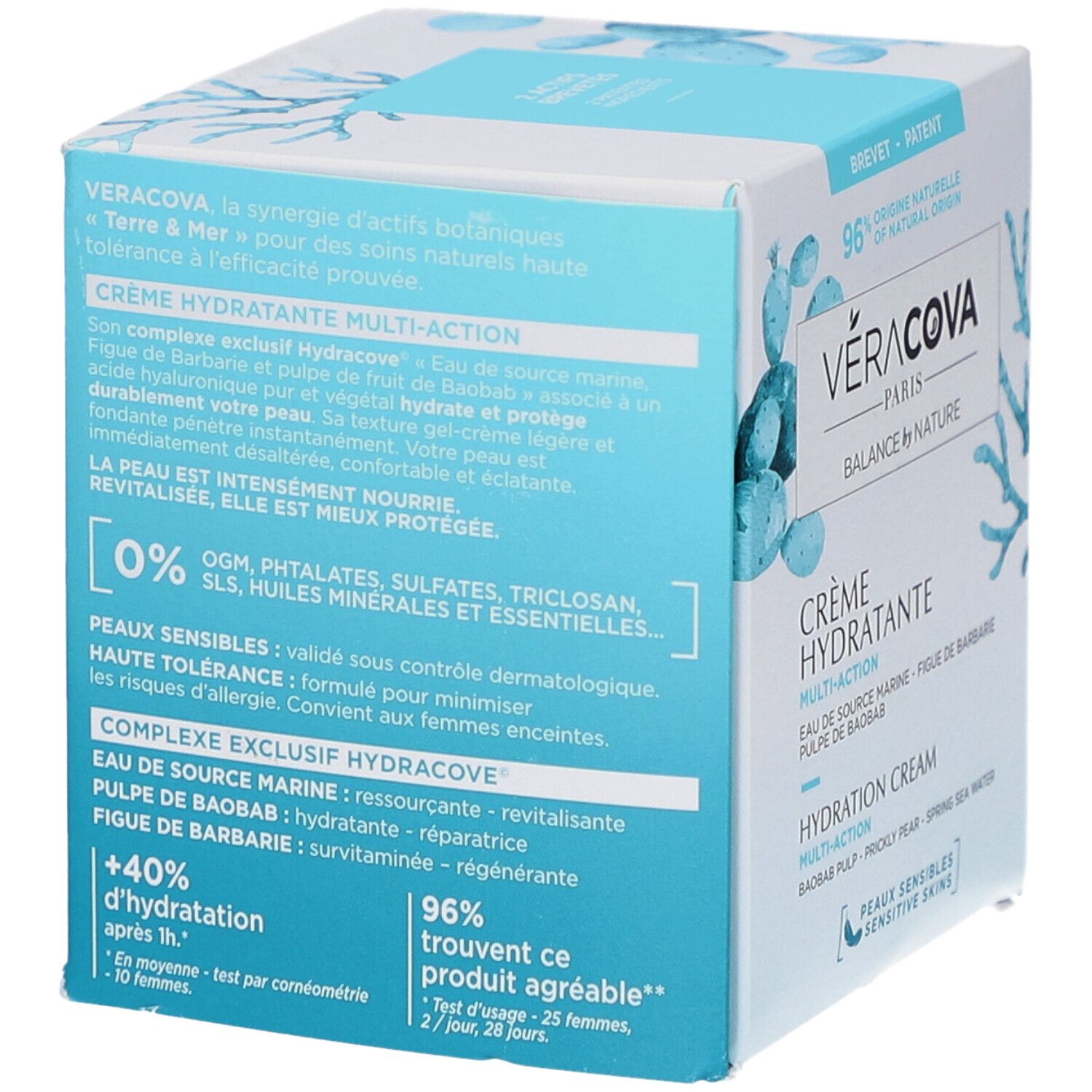 Dos de la boîte Veracova Crème Hydratante Multi-Action. Texte : 0% OGM, phtalates, sulfates, triclosan, huiles minérales. Détails.