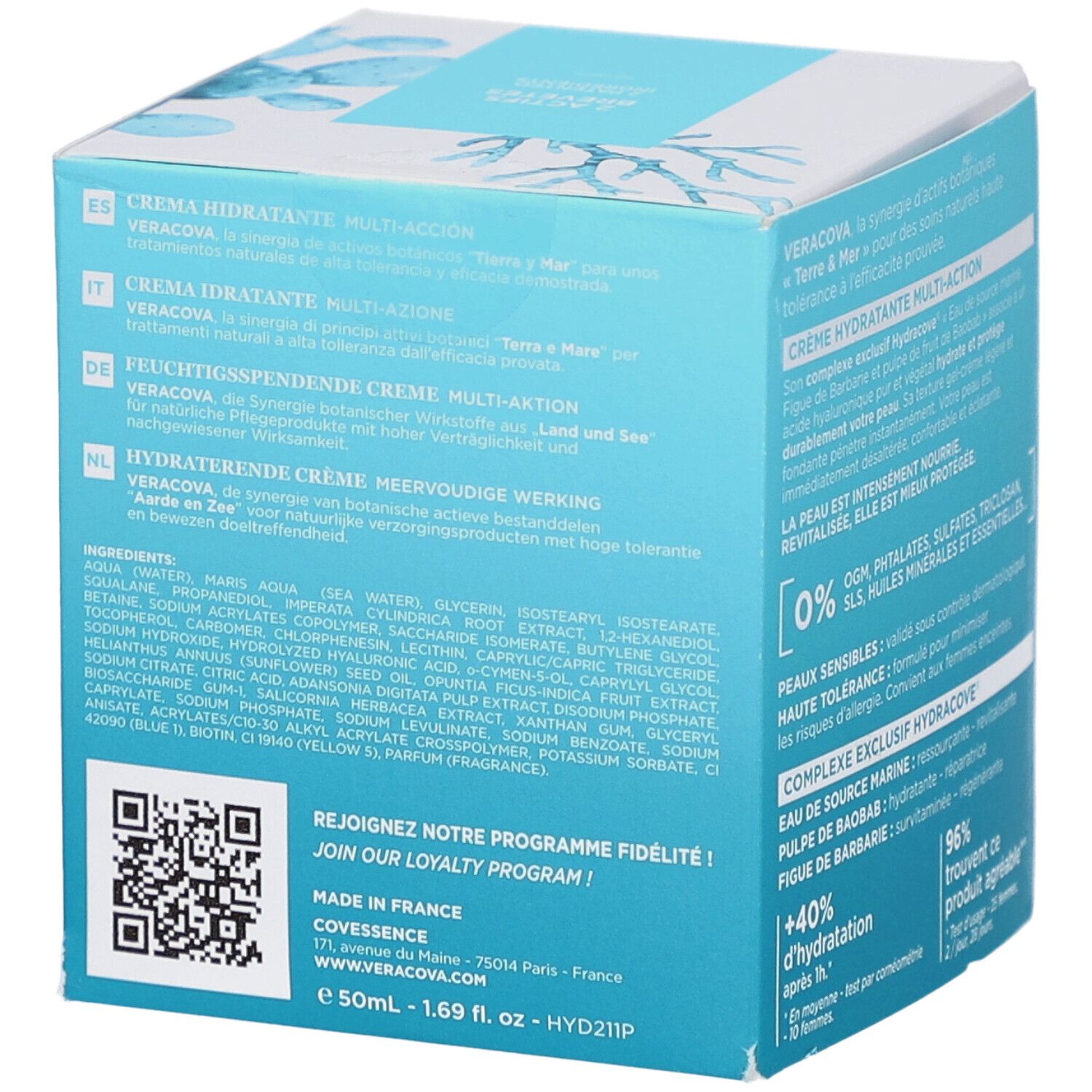 Côté de la boîte Veracova Crème Hydratante Multi-Action. Texte multilingue. Ingrédients, code QR, adresse et volume.