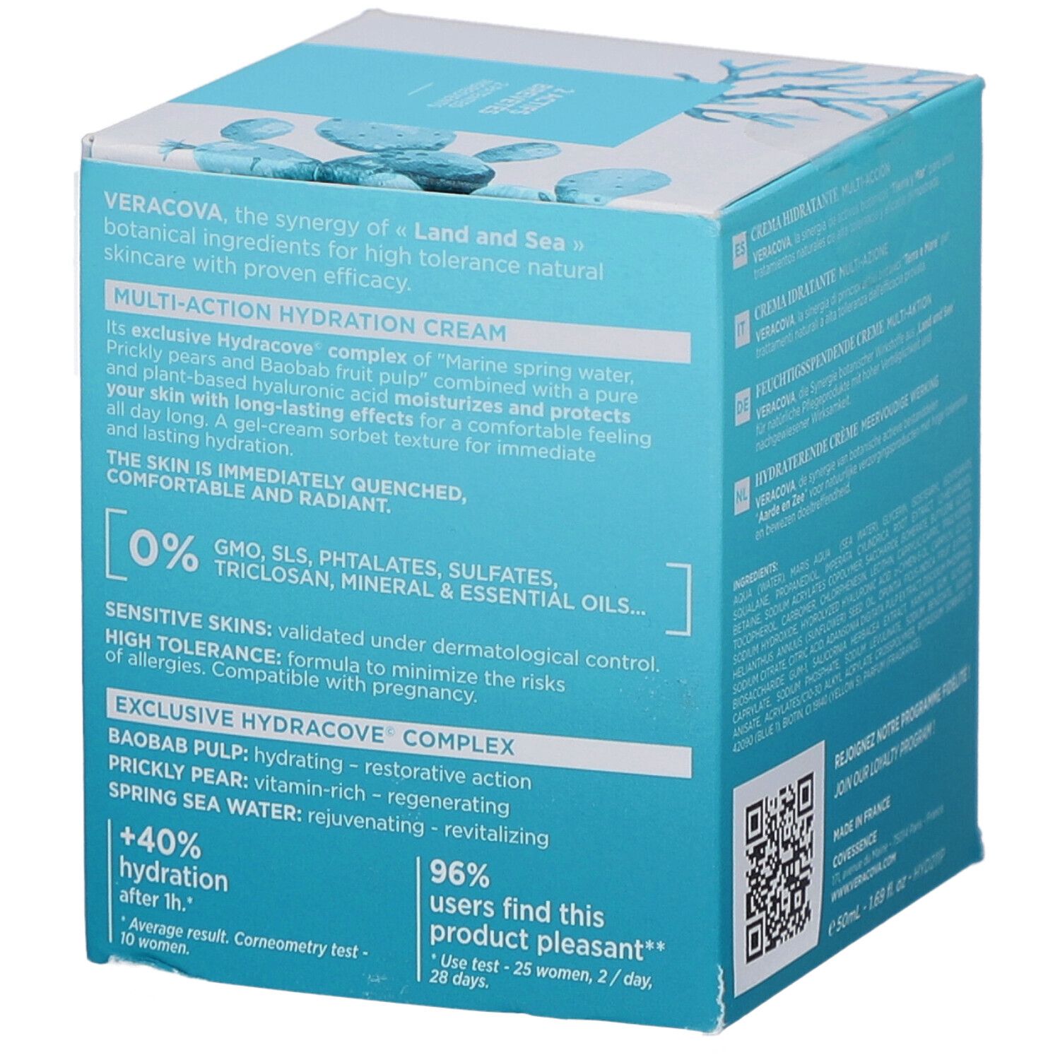 Dos de la boîte Veracova Crème Hydratante Multi-Action. Texte : Complexe Hydracove, extrait de baobab, hydratation.