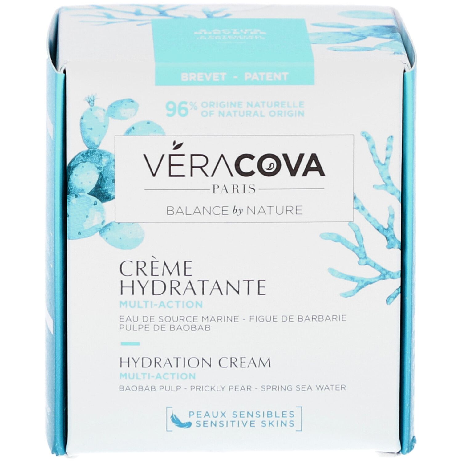 Boîte Veracova Crème Hydratante Multi-Action. Blanc et bleu. Texte : Crème Hydratante, Peaux Sensibles, Balance by Nature.