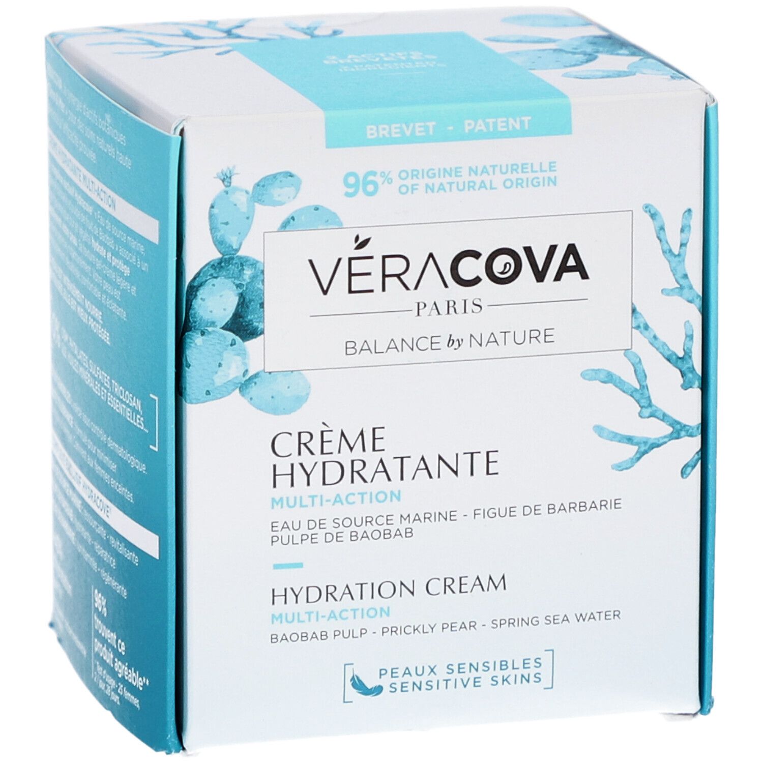 Boîte Veracova Crème Hydratante Multi-Action. Blanc et bleu. Texte : Crème Hydratante, Peaux Sensibles, Balance by Nature.