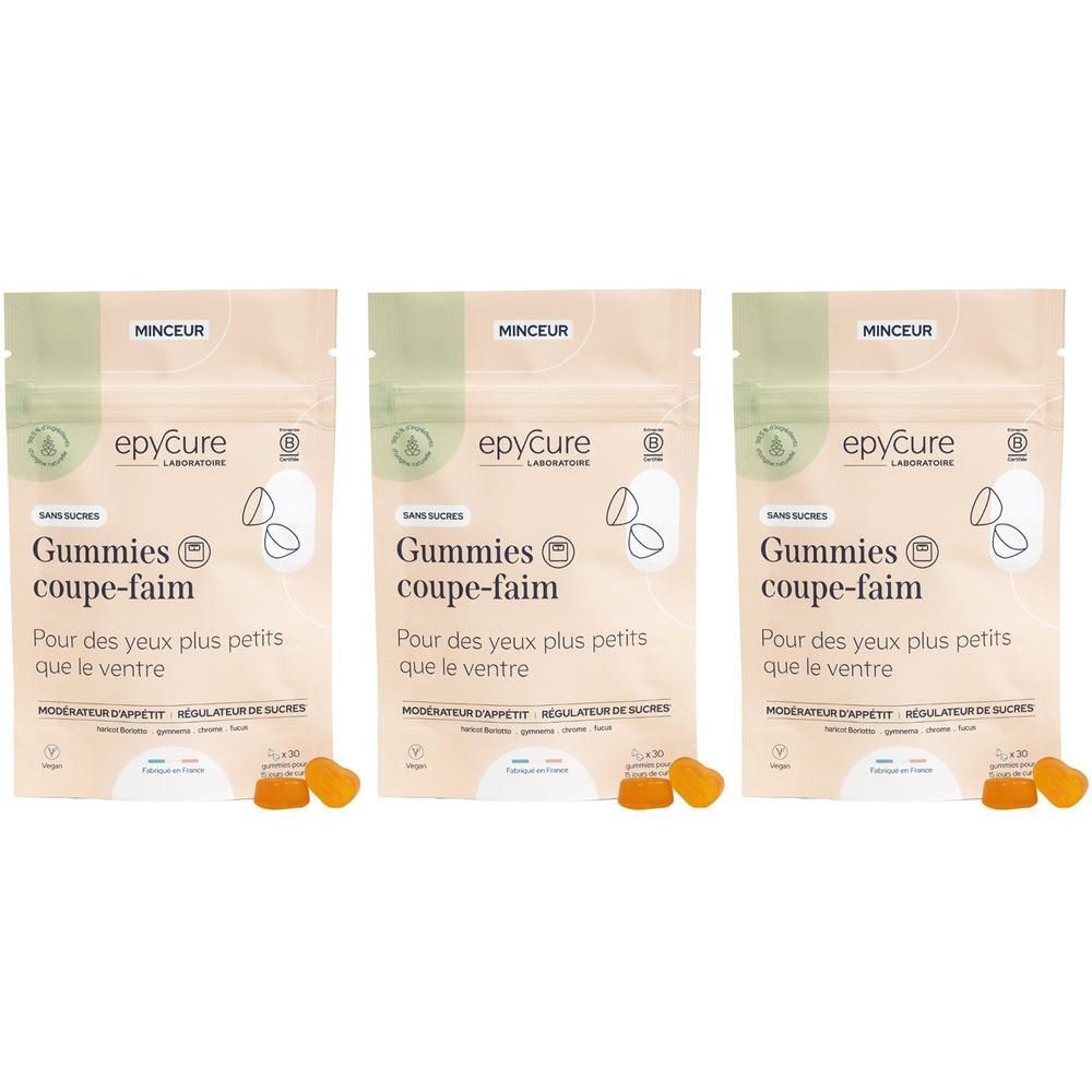 Trois sachets de Gummies. Inscription: Epycure, Gummies coupe-faim. Végétalien. Sans sucre. Gummies oranges à côté.