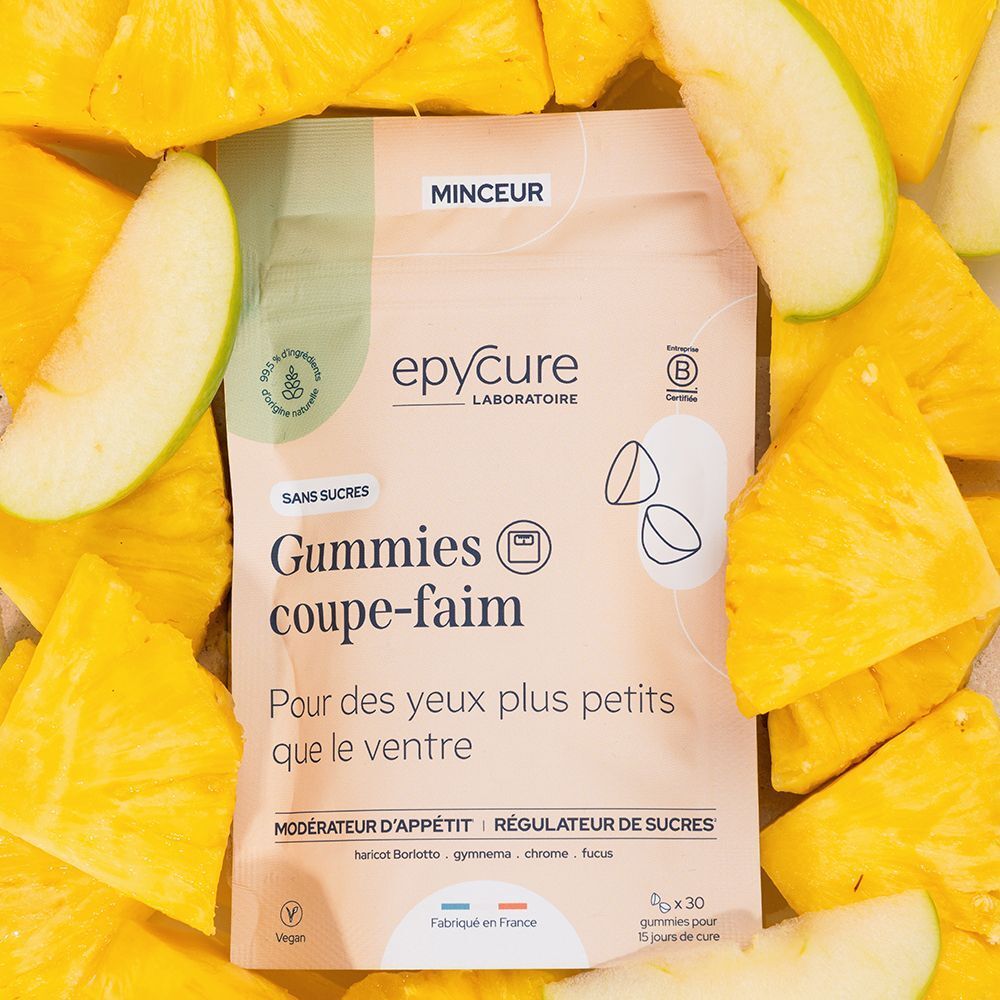 Sachet de Gummies entouré de morceaux d'ananas. Inscription: Epycure, Gummies coupe-faim. Végétalien. Sans sucre.