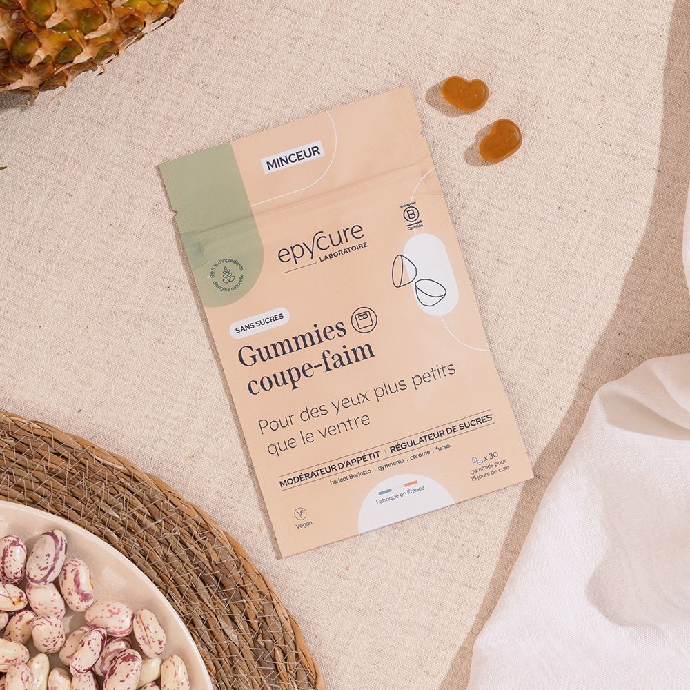 Sachet de Gummies, à côté de haricots et deux Gummies. Inscription: Epycure, Gummies coupe-faim. Végétalien. Sans sucre.