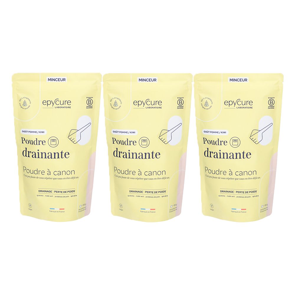 Trois sachets de poudre drainante EPYCURE LABORATORIUM. Emballage clair avec informations produit et logo.