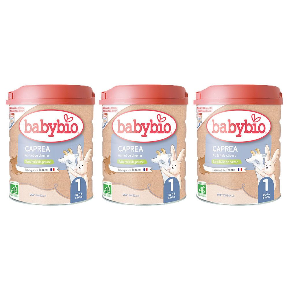 Trois boîtes de lait infantile BABYBIO Caprea 1er Age Au Lait de Chèvre. Motif chèvre et numéro 1.