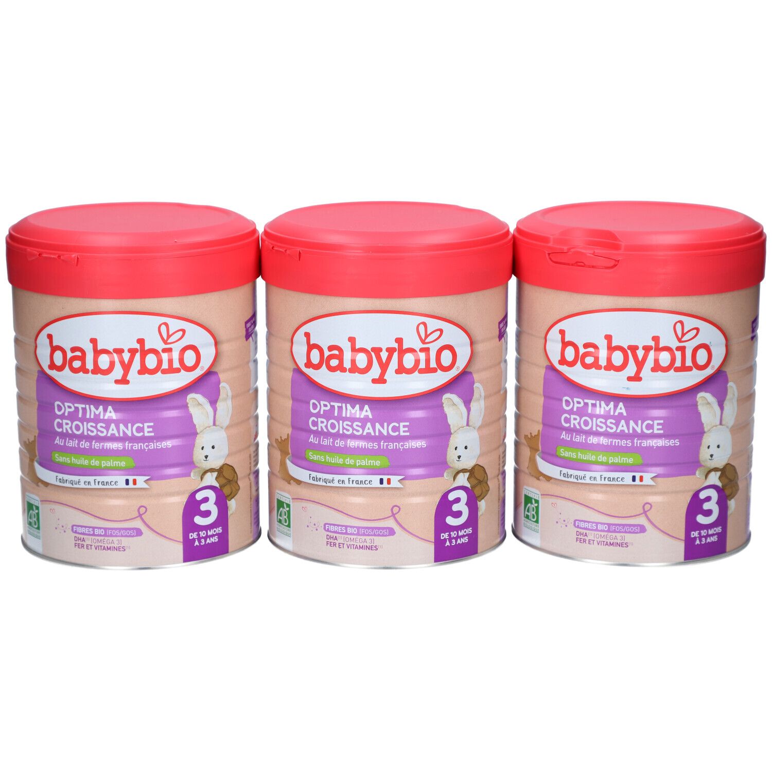 Trois boîtes BABYBIO Optima 3 avec couvercles rouges. Inscription : OPTIMA CROISSANCE, logo lapin, âge 12-36 mois.